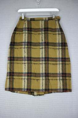 Wool Blend Plaid Pencil Skirt Mustard Yellow Tartan Check Midi Slit Vintage 26"